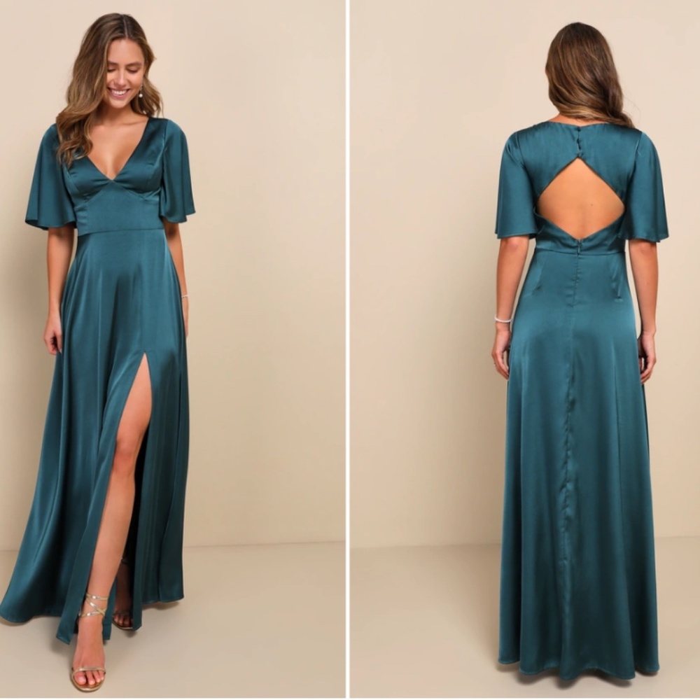 LULU's Prom Wedding Bridesmaid Sexy Satin Flutter Sleeve Maxi Dress NWOT